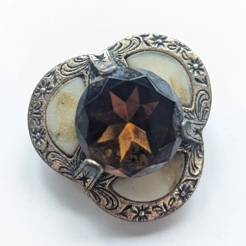 Vintage Miracle Bronze Large Glass Rhinestone Celestial Celtic Brooch